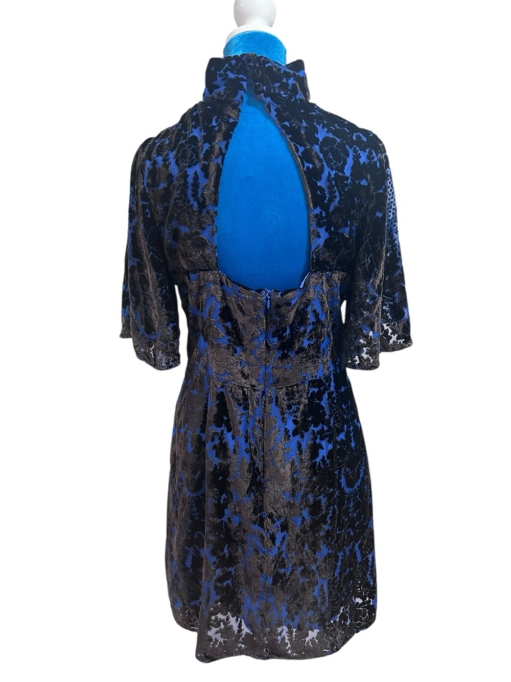 Anthropologie Velvet Burnout Dress Cobalt Blue Open Back mock Neck mini dress - Picture 4 of 6